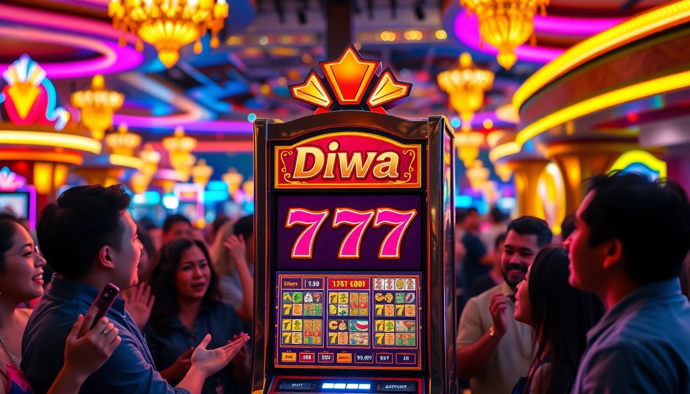 “Excited players around the Diwa 777 slot machine in a vibrant casino setting.”