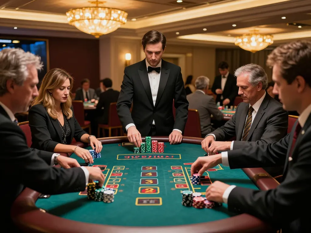 Bong99 players enjoying engaging blackjack games with dealers in an upscale casino setting.