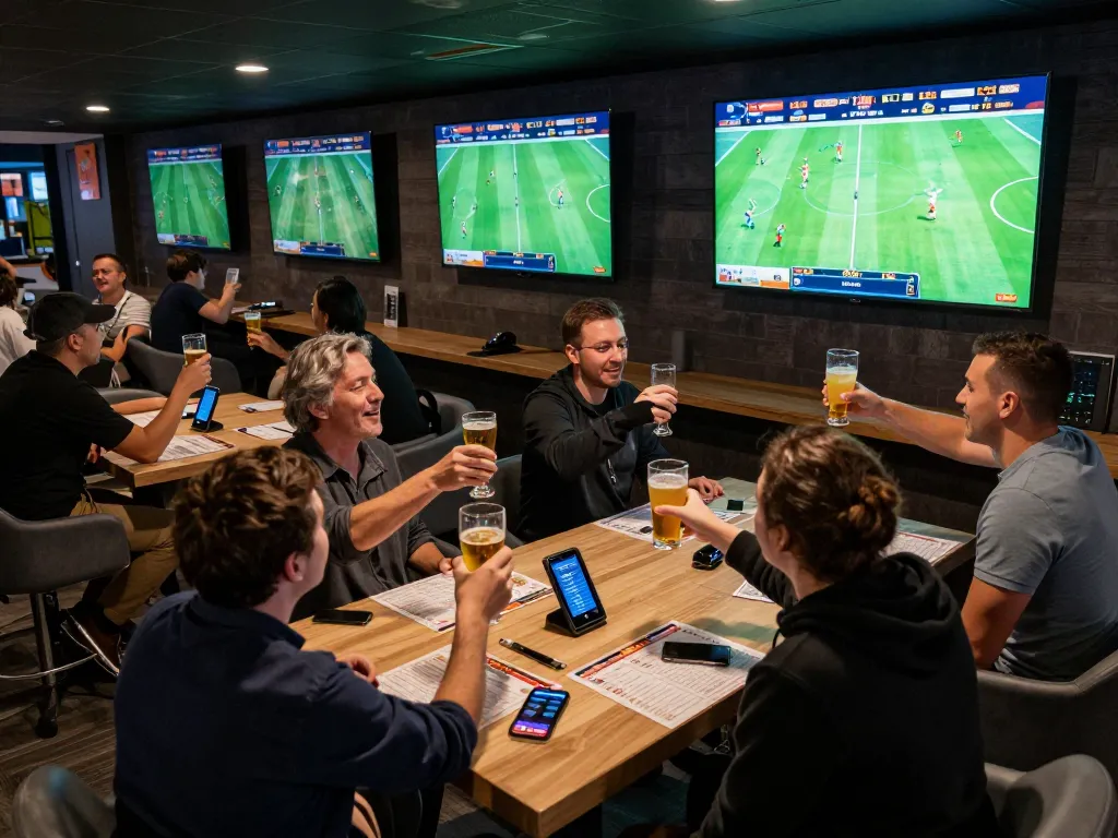 Socolive sports betting enthusiasts celebrating live match action in a lively sports bar setting
