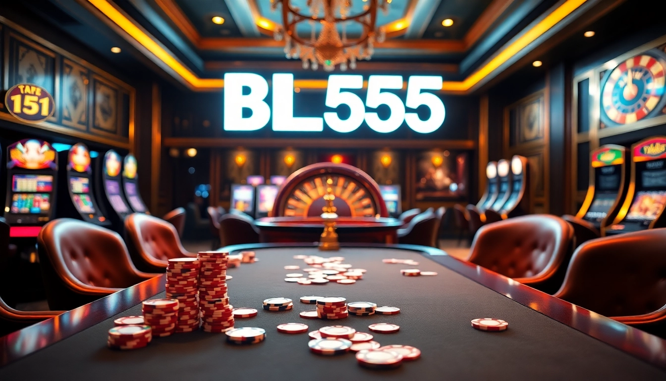 Experience the thrill of gambling with BL555 in a luxurious casino setting featuring poker chips and a roulette wheel.