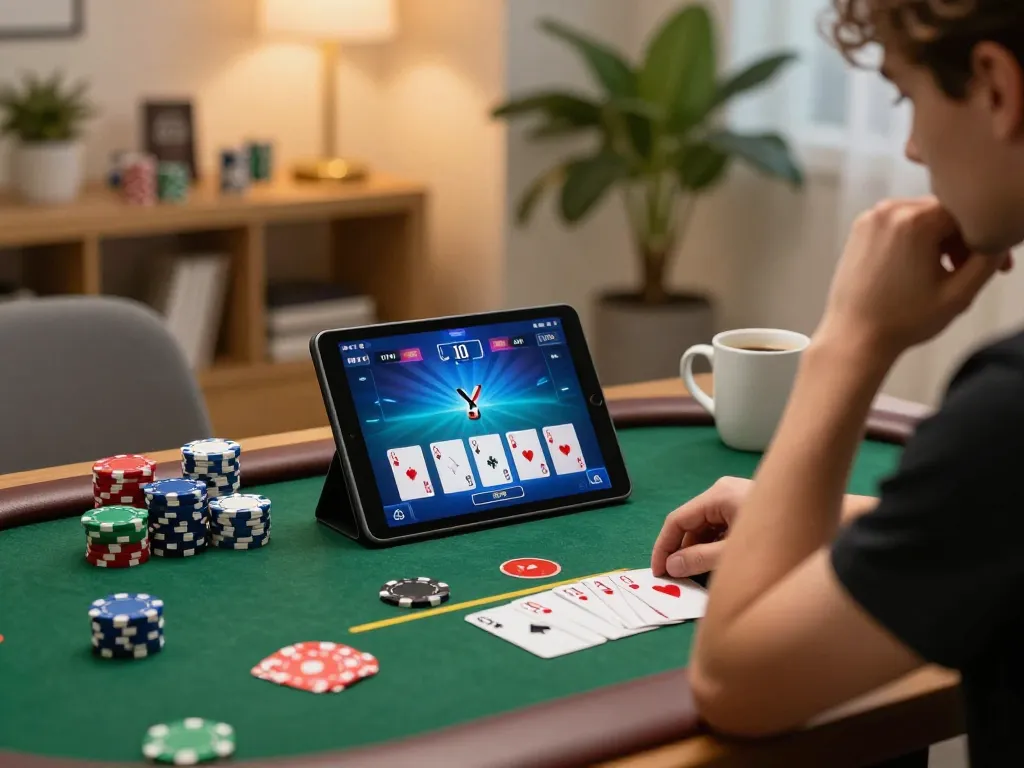 Engaging online poker gameplay at home on https://www-tk999.net/ with colorful chips and cards in a cozy setting.