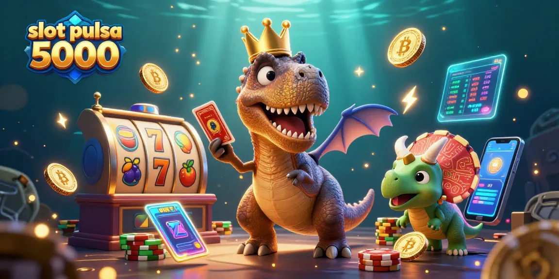 Permainan slot pulsa 5000 menampilkan T-Rex dan Triceratops yang menggenggam chip emas.