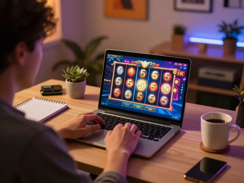 Player engaging with slot 5k online game on laptop, showing excitement in home setting.