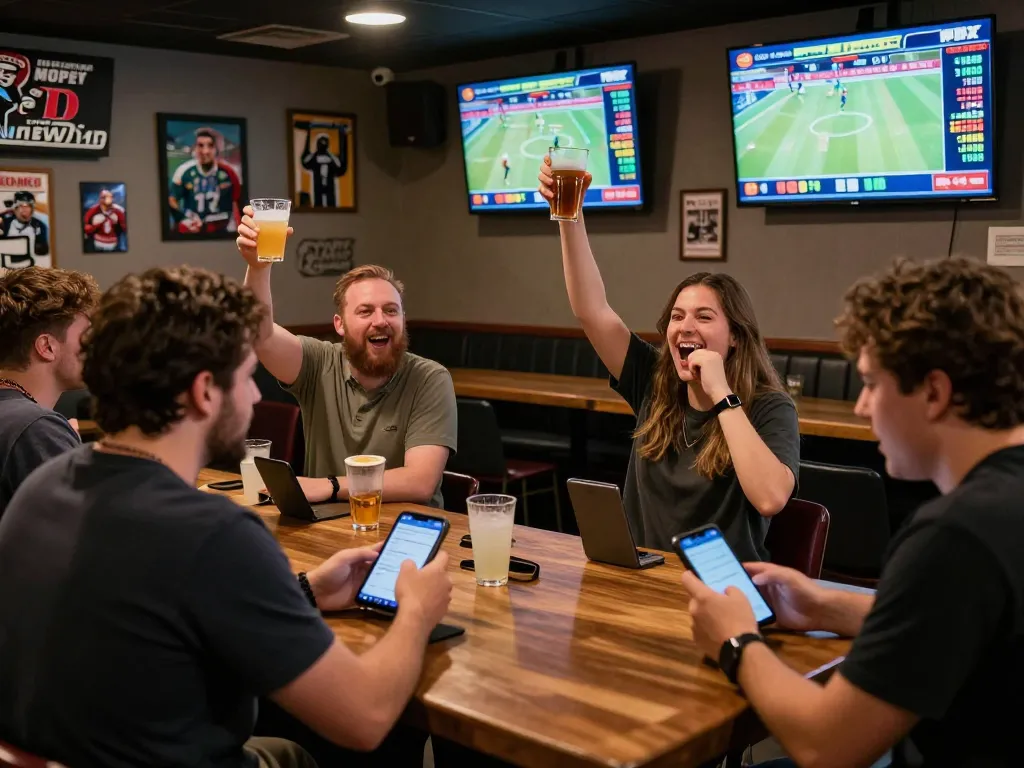 Sports fans engaged in live betting action at a vibrant bar, showcasing 88vv mobile app and excitement.