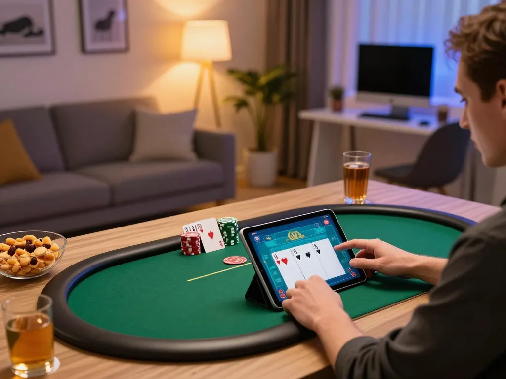 Experience thrilling poker gameplay with xo88 on a sleek tablet in a modern home office setting