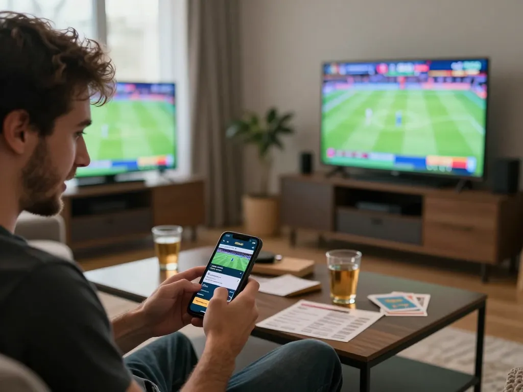 Sbobet sports betting app in action with enthusiastic player at home enjoying the game