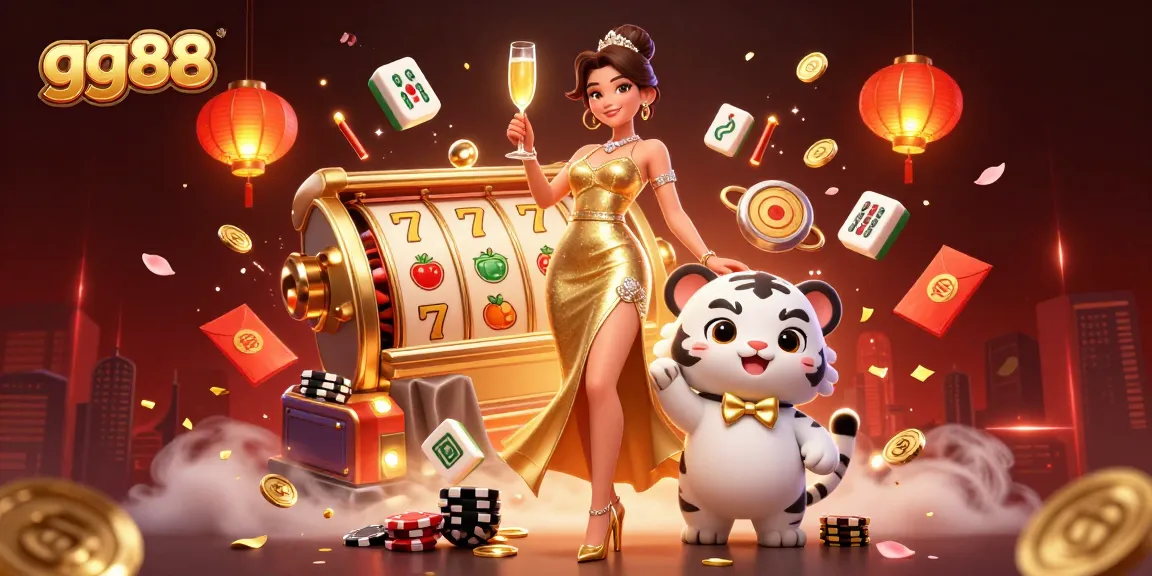 Win big at gg88 with a glamorous lady celebrating near a lucky tiger cub amidst vibrant casino elements.