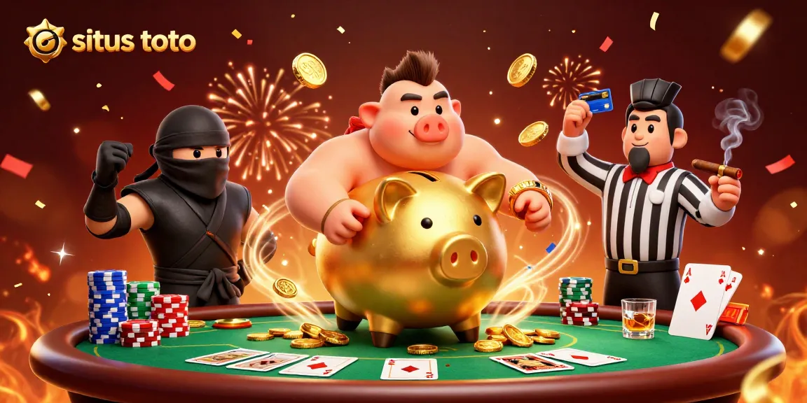 Win big with situs toto gaming as a golden piggy bank battles with a ninja and a referee