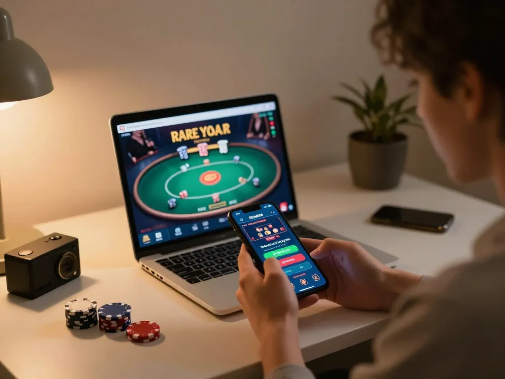 Player strategizing on lode88 while enjoying a cozy home gaming experience with smartphone and laptop.