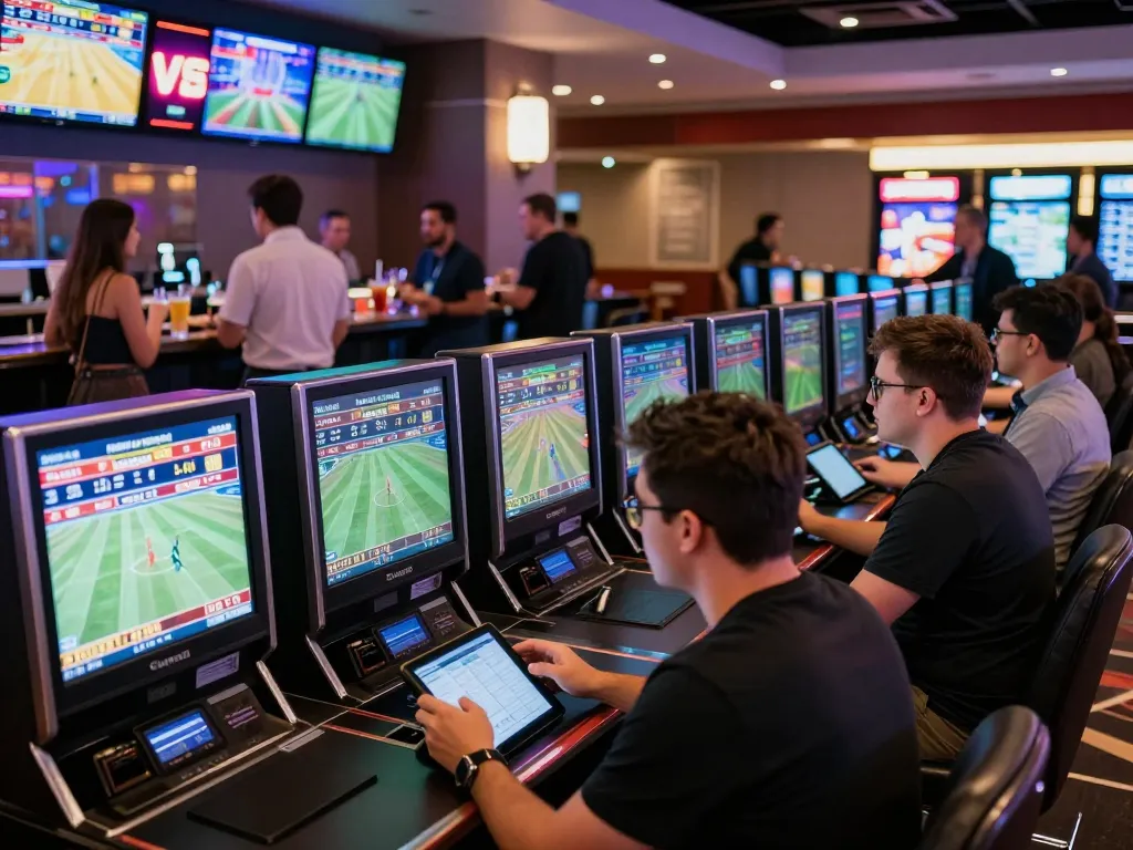 Betting on kqbd live match results at a casino sports betting arena with enthusiastic players.