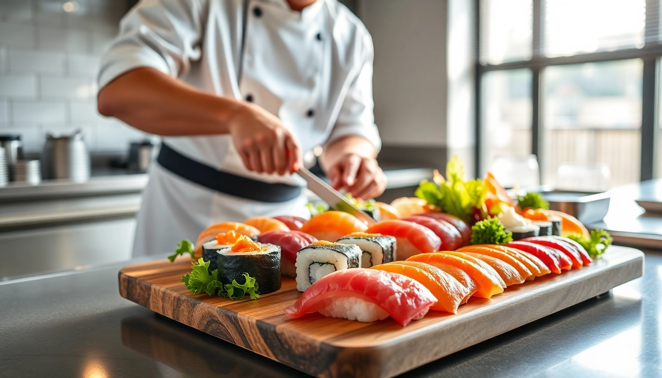 MISTER HOKI serves exquisite sushi prepared by a talented chef, showcasing vibrant ingredients.