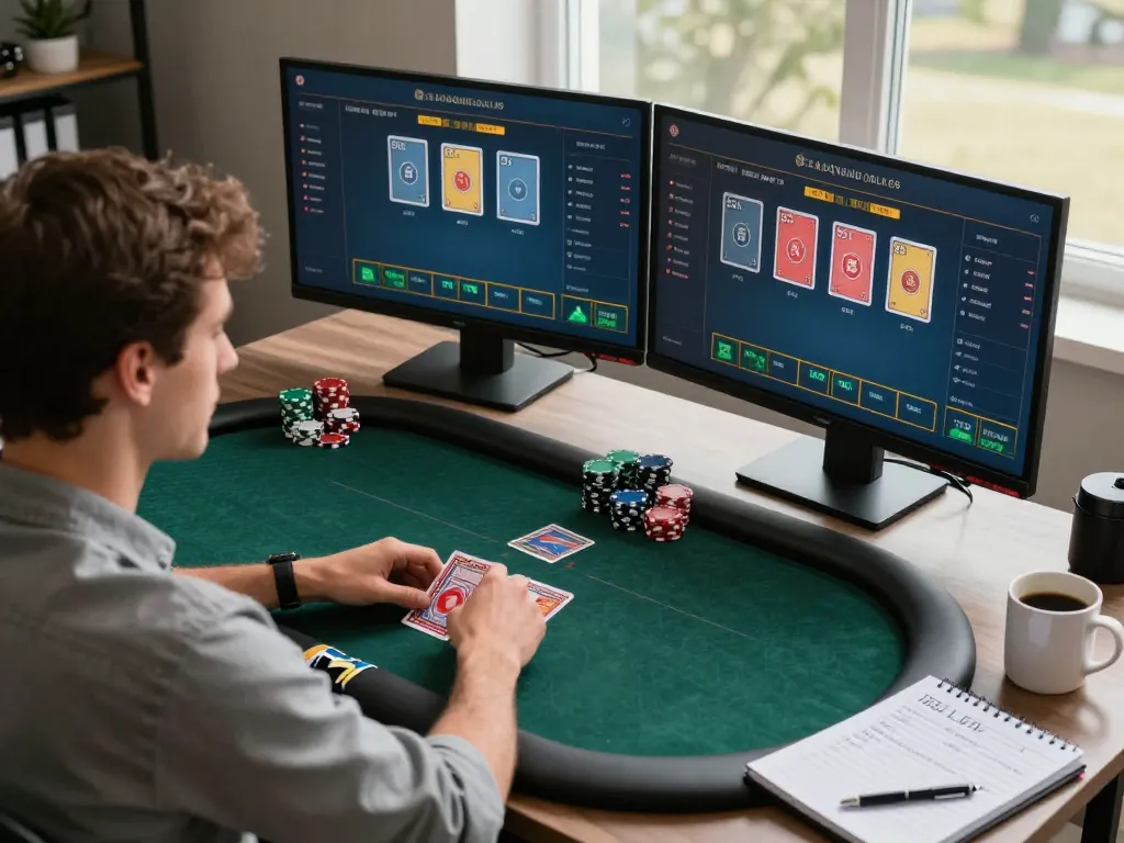 Player engaged in an online poker game at their desk, showcasing 3win's thrilling gaming experience