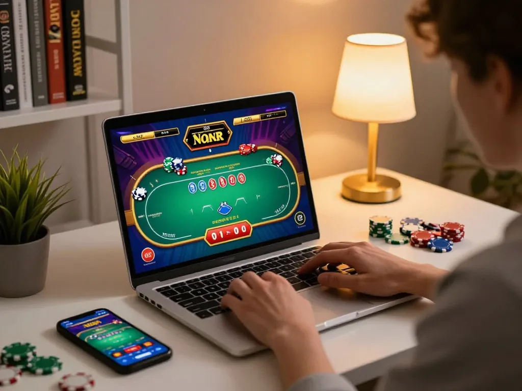 MPOID Alternative gaming moment with a person playing poker on a laptop while tracking strategies in a notebook.