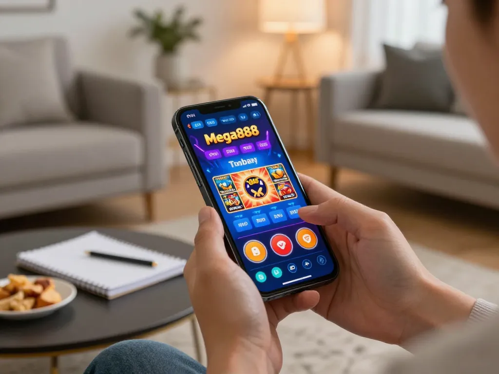 Mega888 today app showcased in stylish home gaming setup illustrating engaging mobile casino experience.