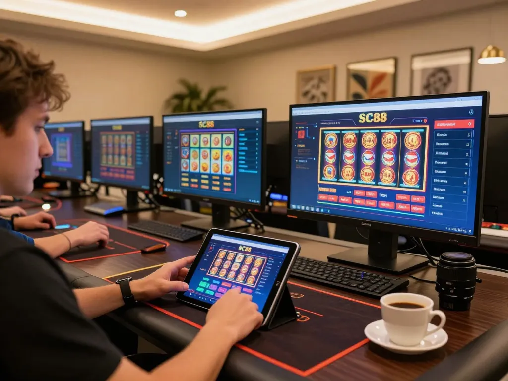 Player engages with SC88 app on tablet while casually enjoying online gaming experience at home.