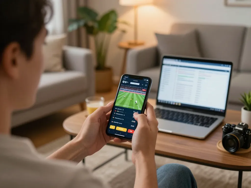 Pengguna SPBO secara aktif bertaruh pada olahraga melalui smartphone di ruang tamu yang nyaman.
