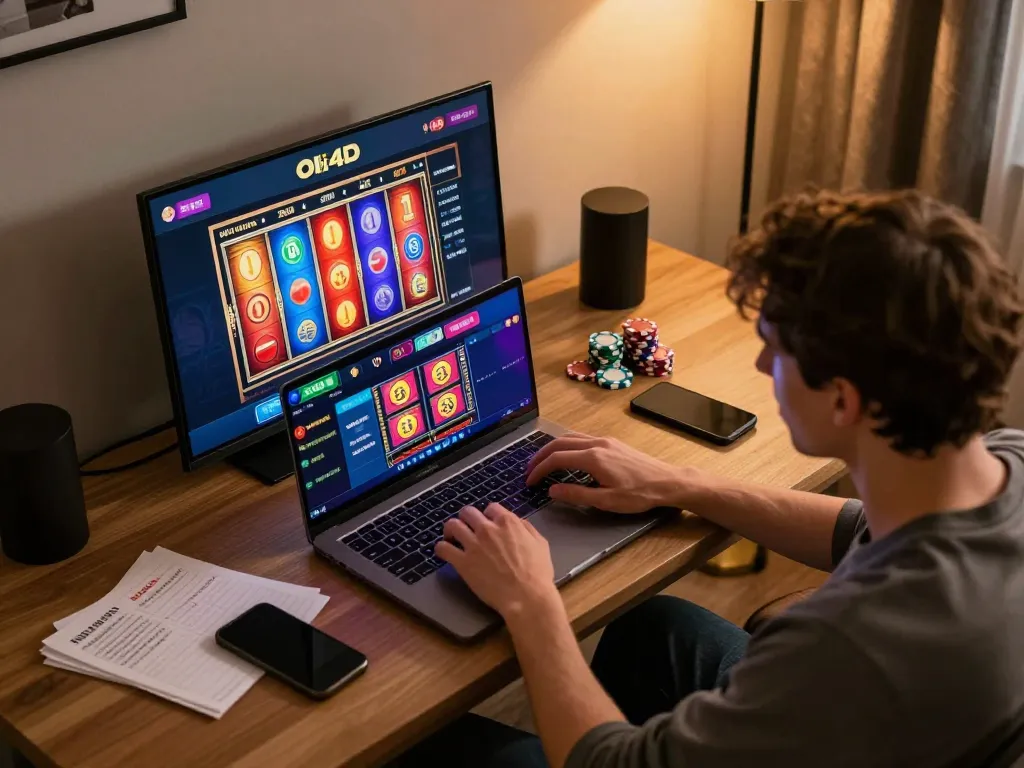 Join the fun playing oli4d daftar slots on a laptop in a cozy home gaming setup, surrounded by strategy notes.