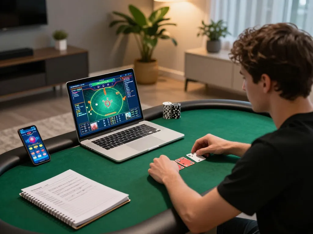 Player engaging in online poker at home using f168 platform with strategic notes and modern decor
