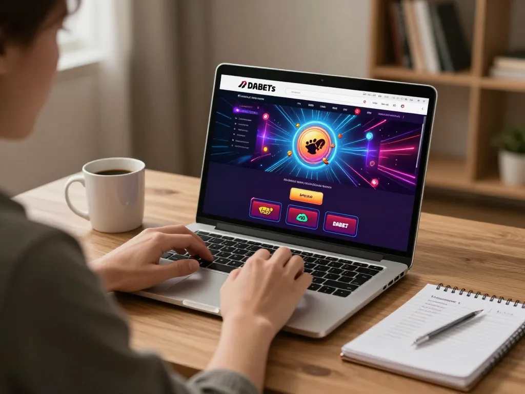 DABET player engaging with online casino game on laptop, showcasing strategic gameplay and immersive graphics.