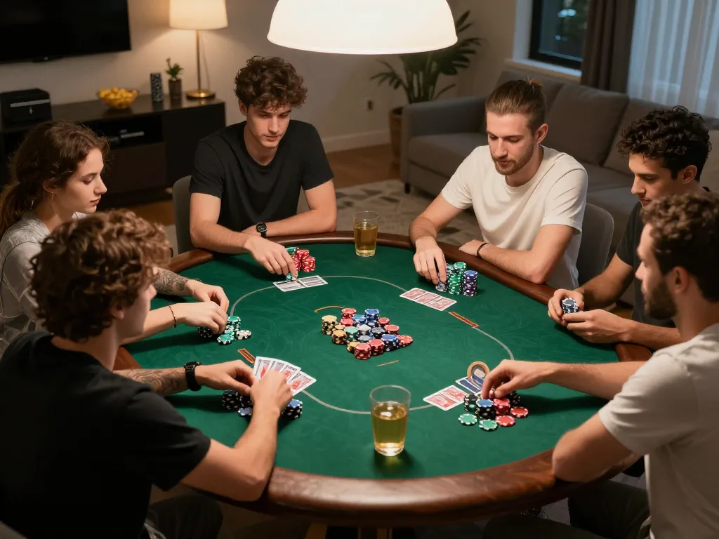 Engaged friends play poker at home, showcasing 68win's dynamic and social gambling experience.