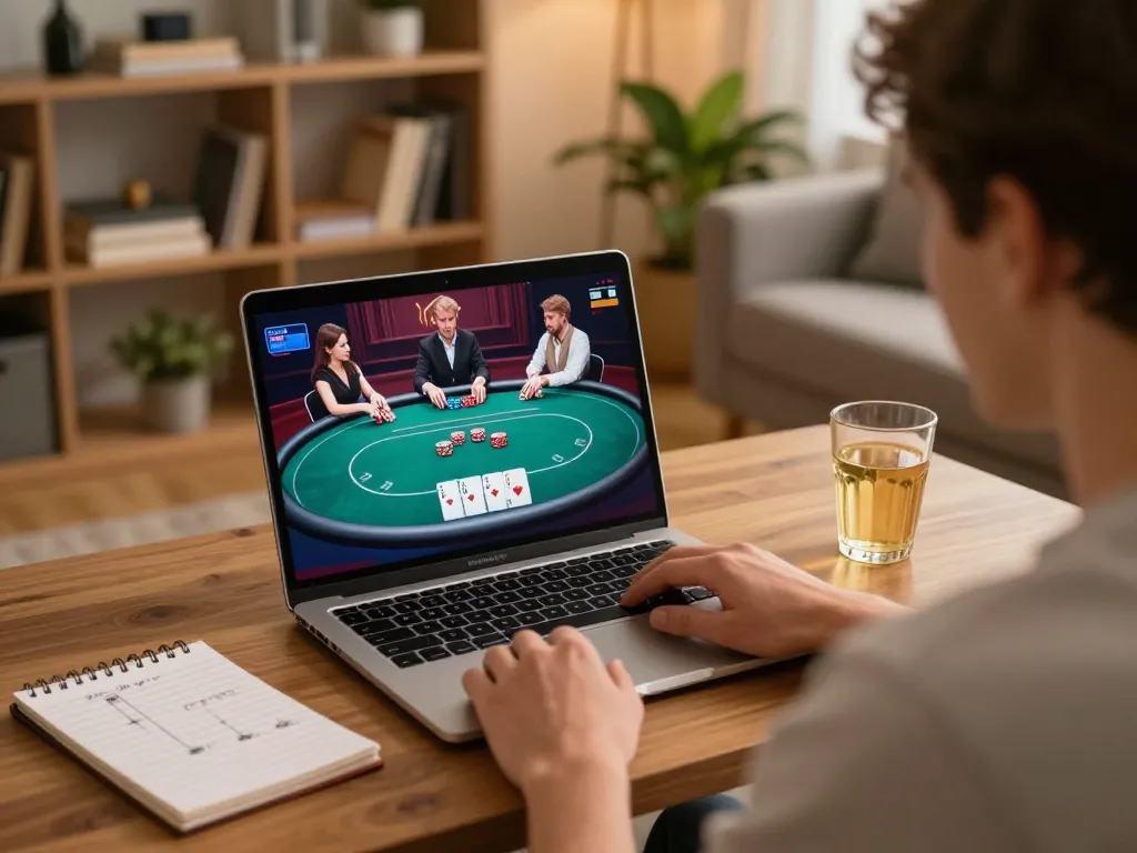 Player enjoying may88 poker online, focusing on strategy and gameplay in a cozy home environment.