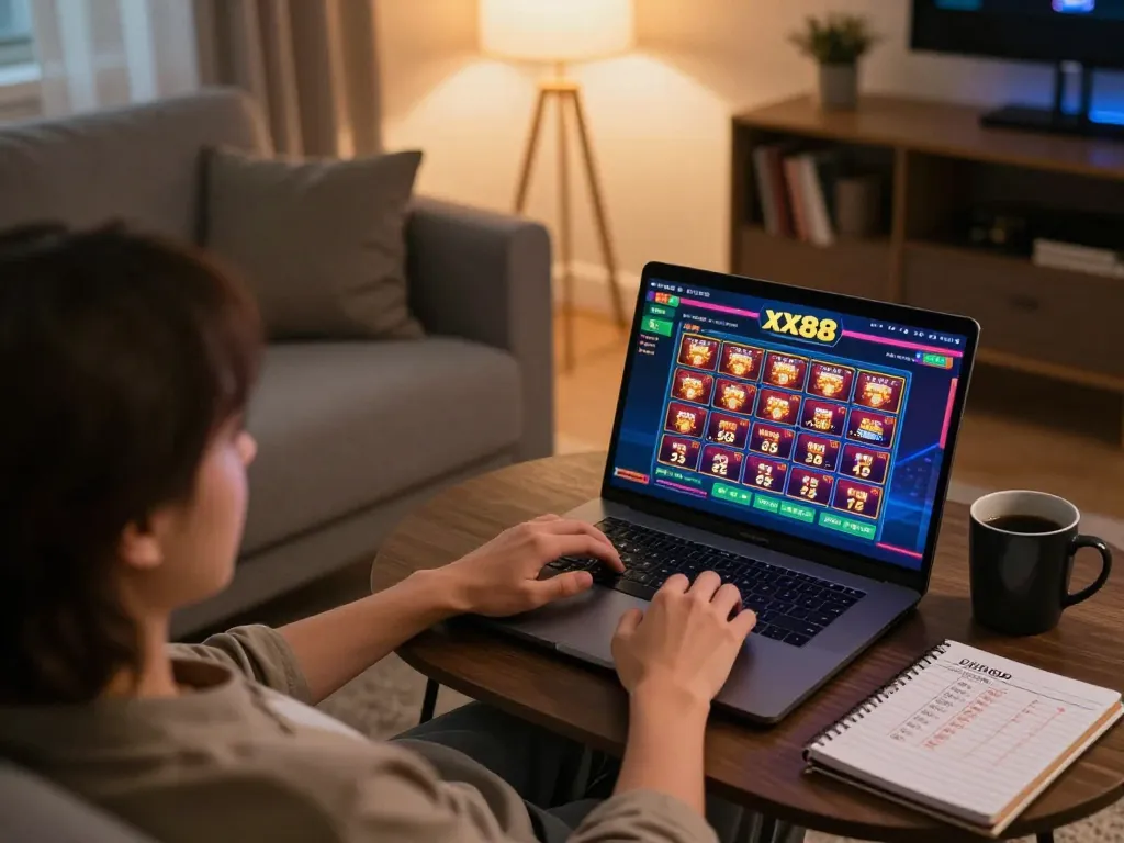 Engaging online gaming experience with xx88 casino interface on laptop, cozy home setting