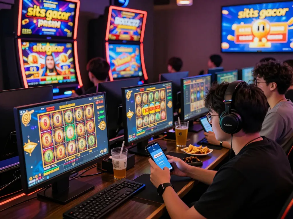 Exciting online gambling scene showing players enjoying situs gacor on various devices with colorful promotions.