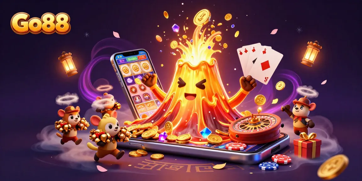 Experience thrilling gameplay at Go88 with vibrant slot reels, golden coins, and triumphant characters.