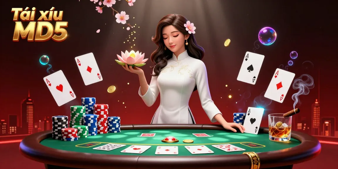 Tài xỉu MD5 promotes a transparent gaming experience with this vibrant scene featuring poker chips and community cards.