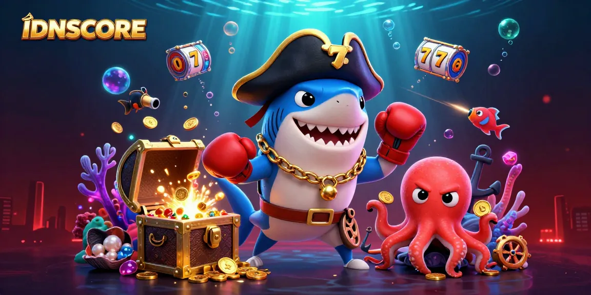 Experience the thrill of IDNSCORE with a pirate shark and colorful game elements.