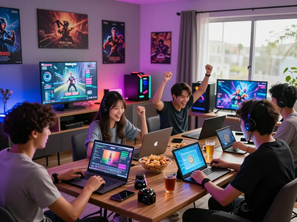 Players celebrating a win on Zeus138 during an online gaming session in a modern living room.