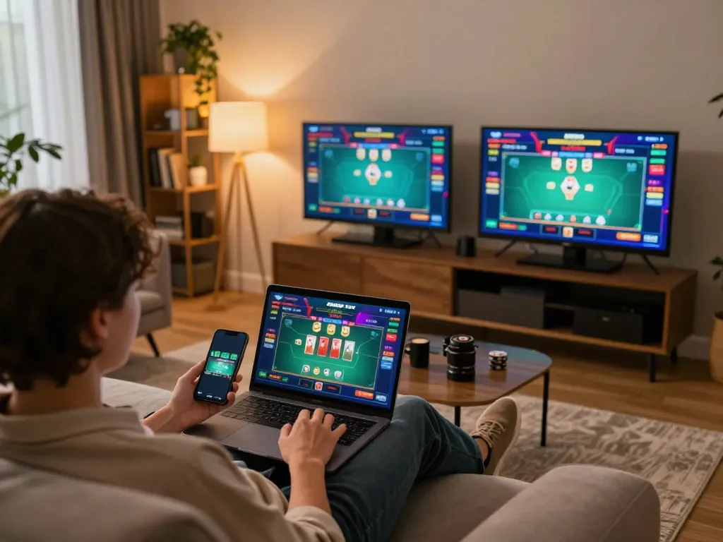 Engaging online session at FABET's casino platform with vibrant gameplay on laptop and smartphone in a cozy living space.