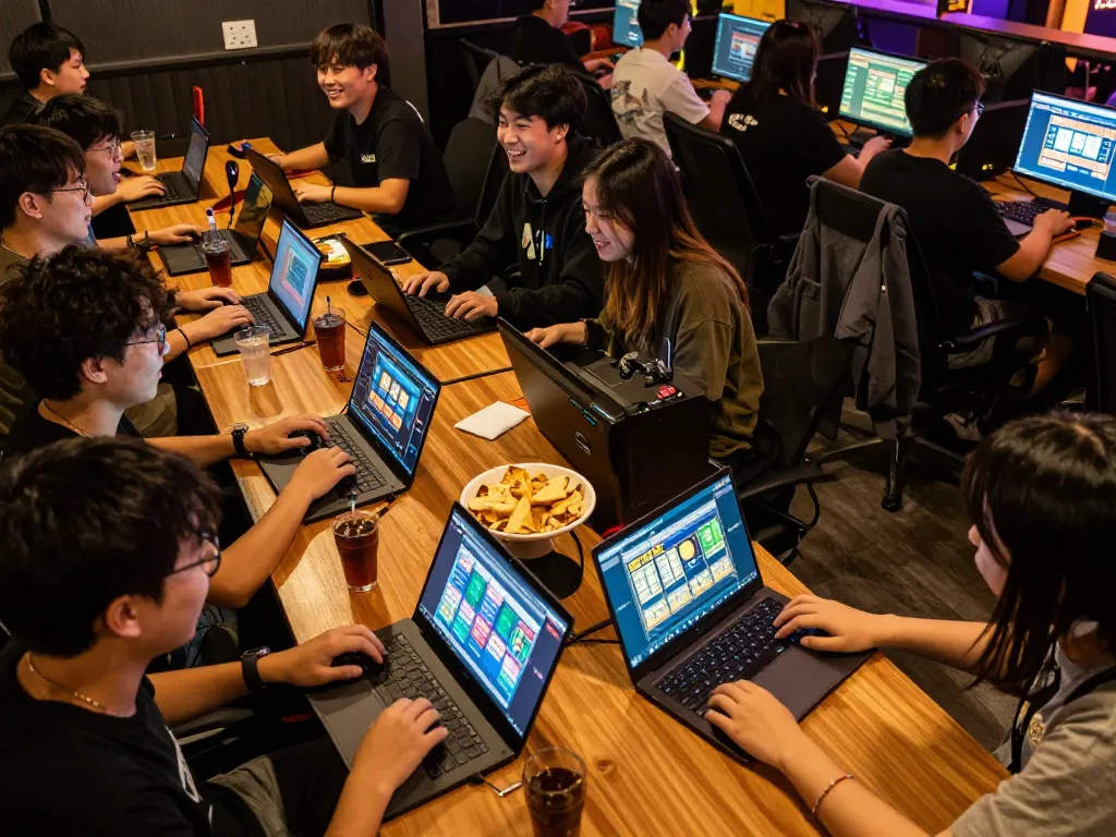 Pemain yang terlibat dengan permainan Demo Slot di laptop, menunjukkan suasana perjudian online yang mengasyikkan