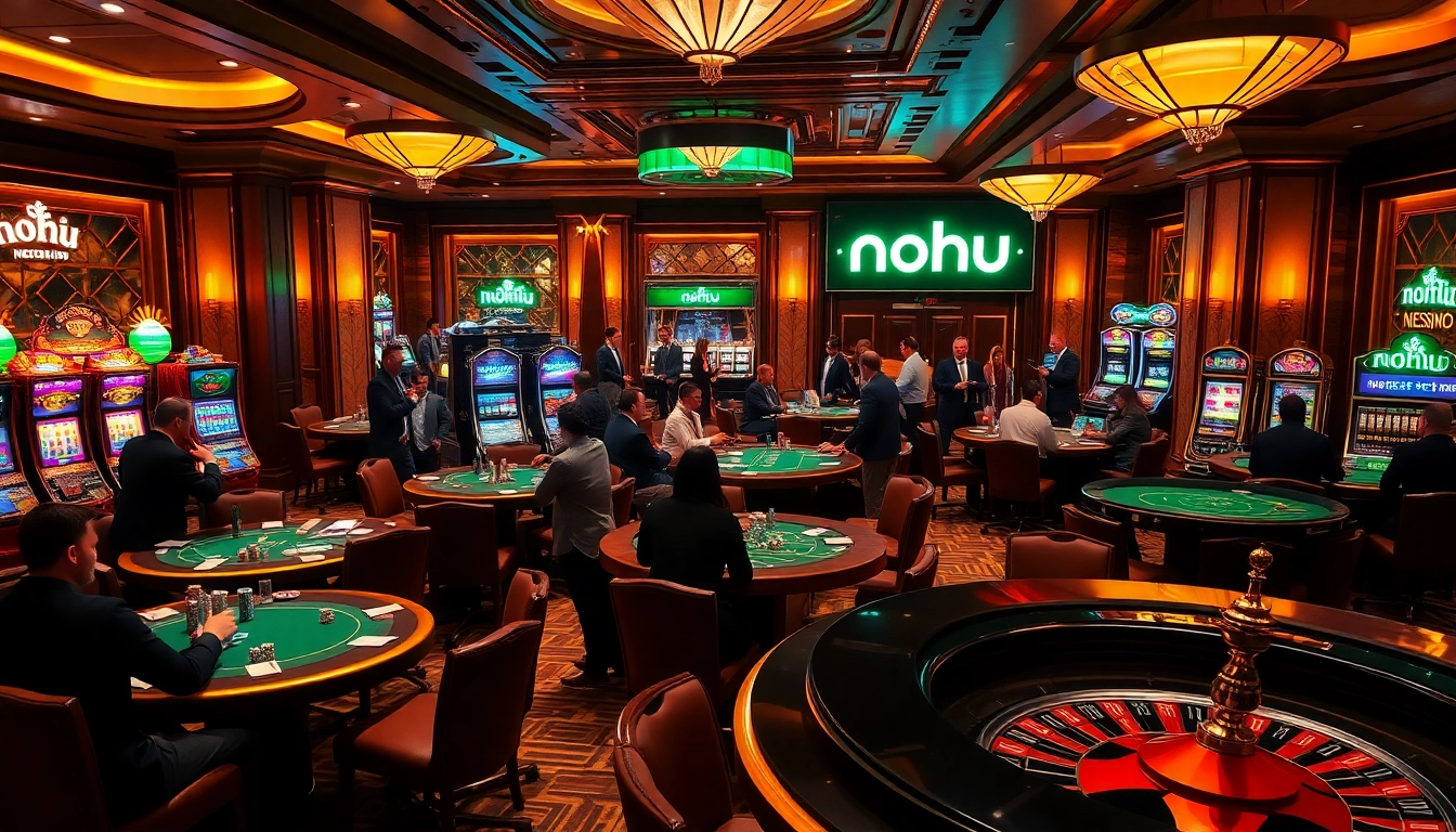 NoHu-themed casino setup showcasing poker tables and vibrant slot machines in a luxurious environment.