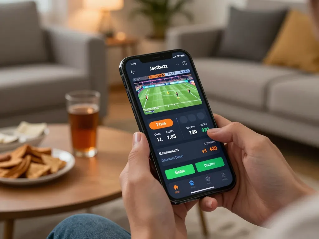 Engaging moment using the Jeetbuzz App for live sports betting in a cozy home setting.