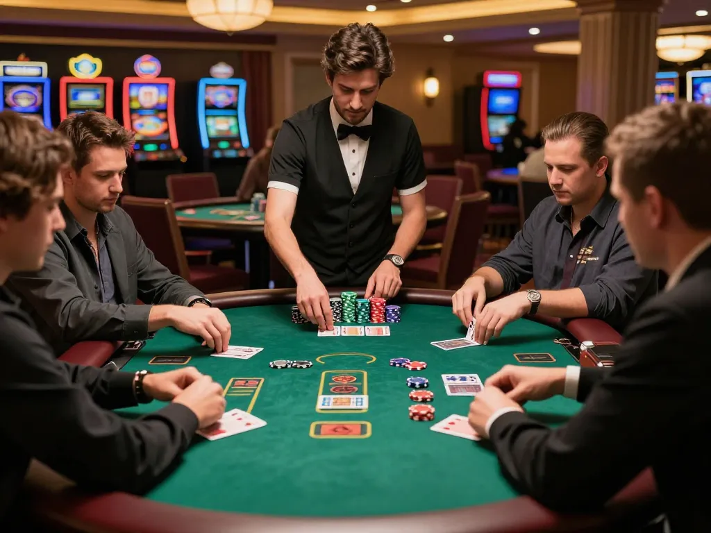 C168 players strategizing at a lively blackjack table in an upscale casino environment