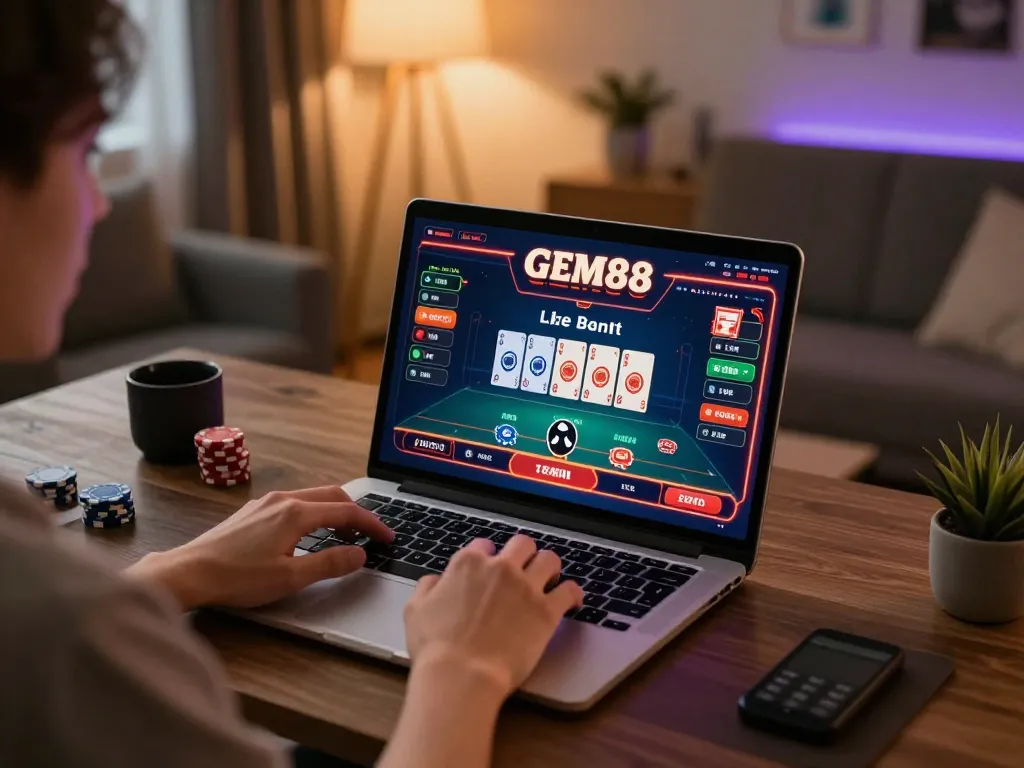 Betting on GEM88 with a live dealer game on a laptop from a cozy home gaming setup.