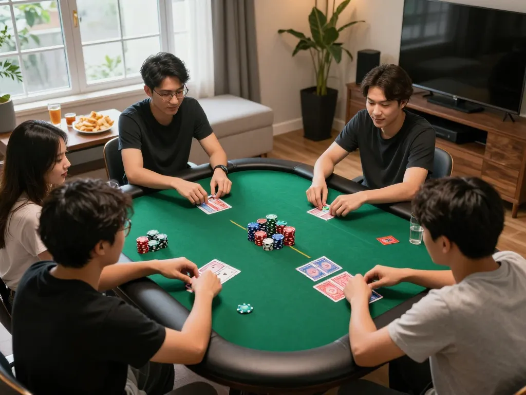 Aku Demo in use as friends enjoy poker night around a green felt table in a cozy home setting.