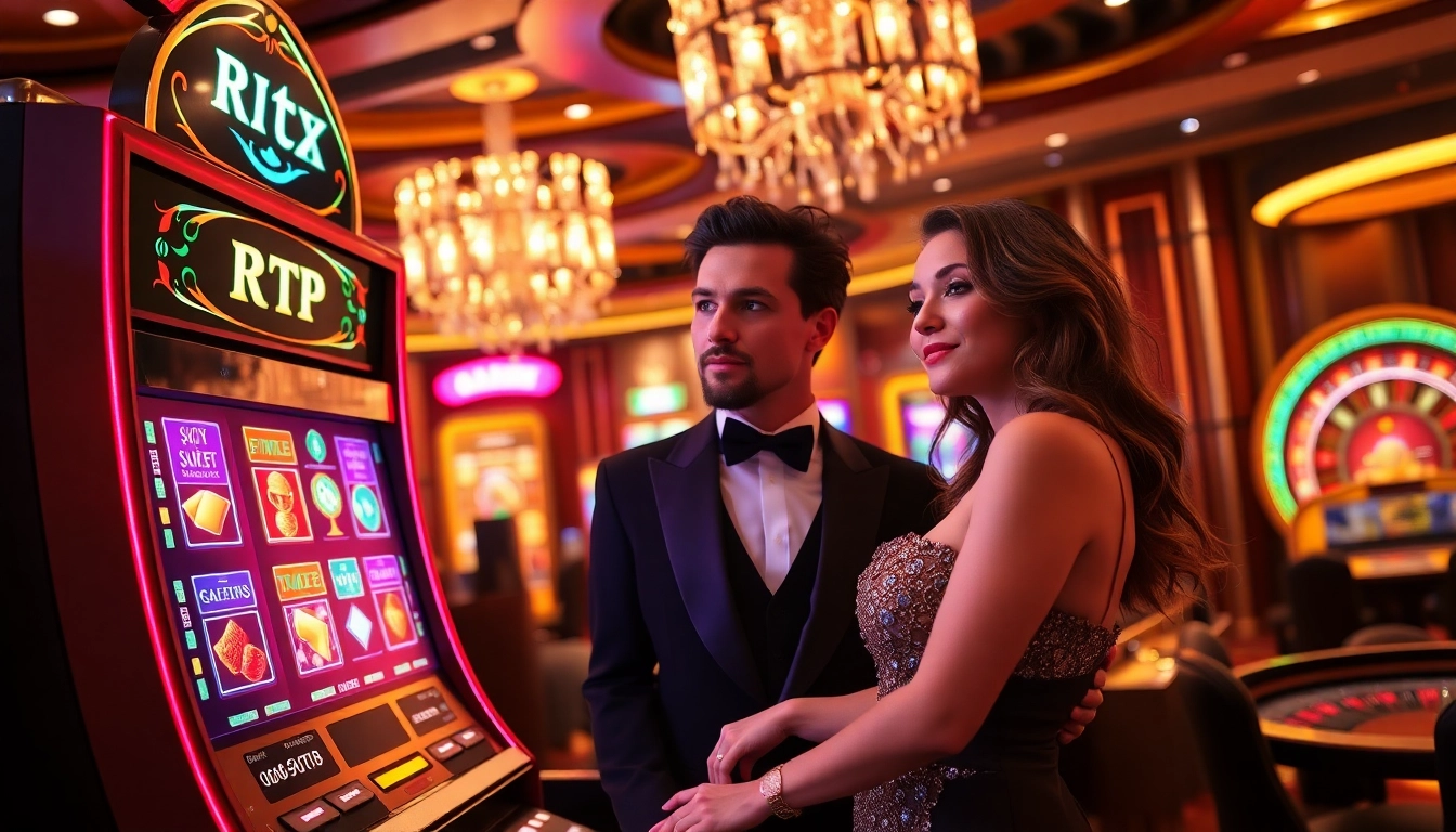 Players enjoying the RTP Slot machine in a glamorous casino setting, highlighting excitement and thrill.