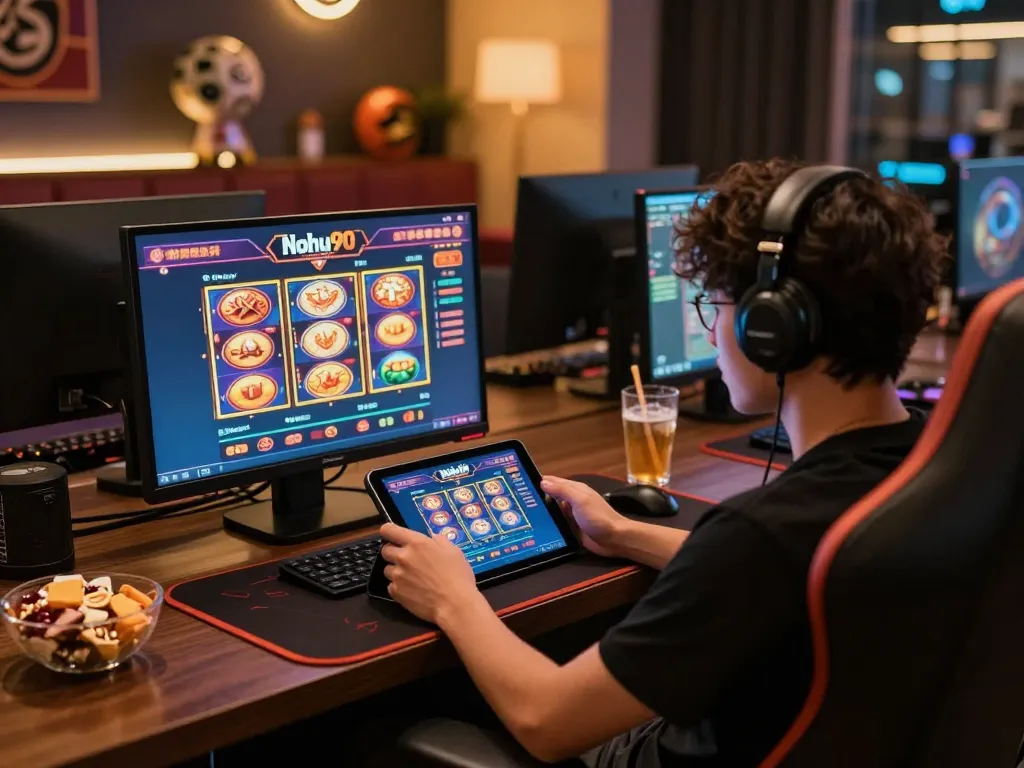 Nohu90 user engaging with vibrant online slots on tablet in a cozy home setting.