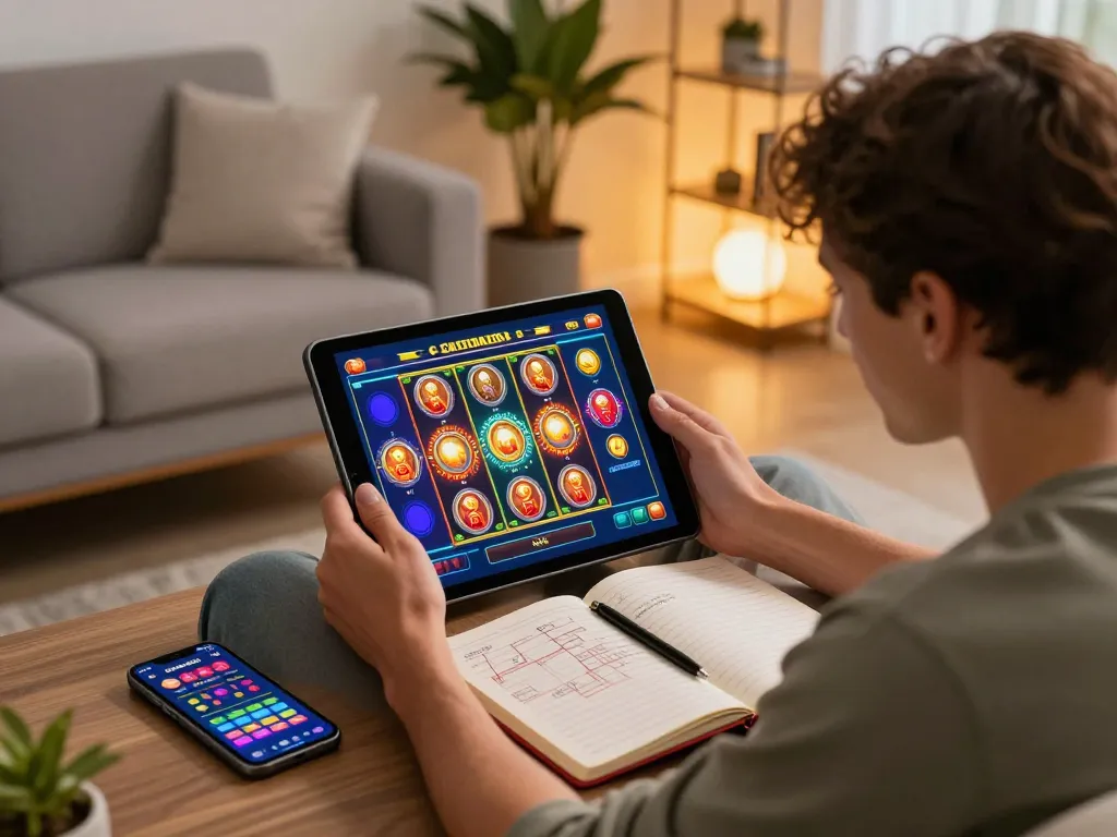 Engaging in online gaming at home with RR88 on tablet, showcasing vibrant slot game.