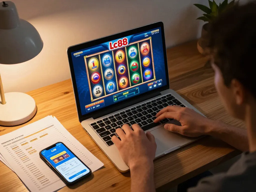 Lc88 game in a cozy home office with vibrant slot reels on screen and betting notes beside a smartphone.