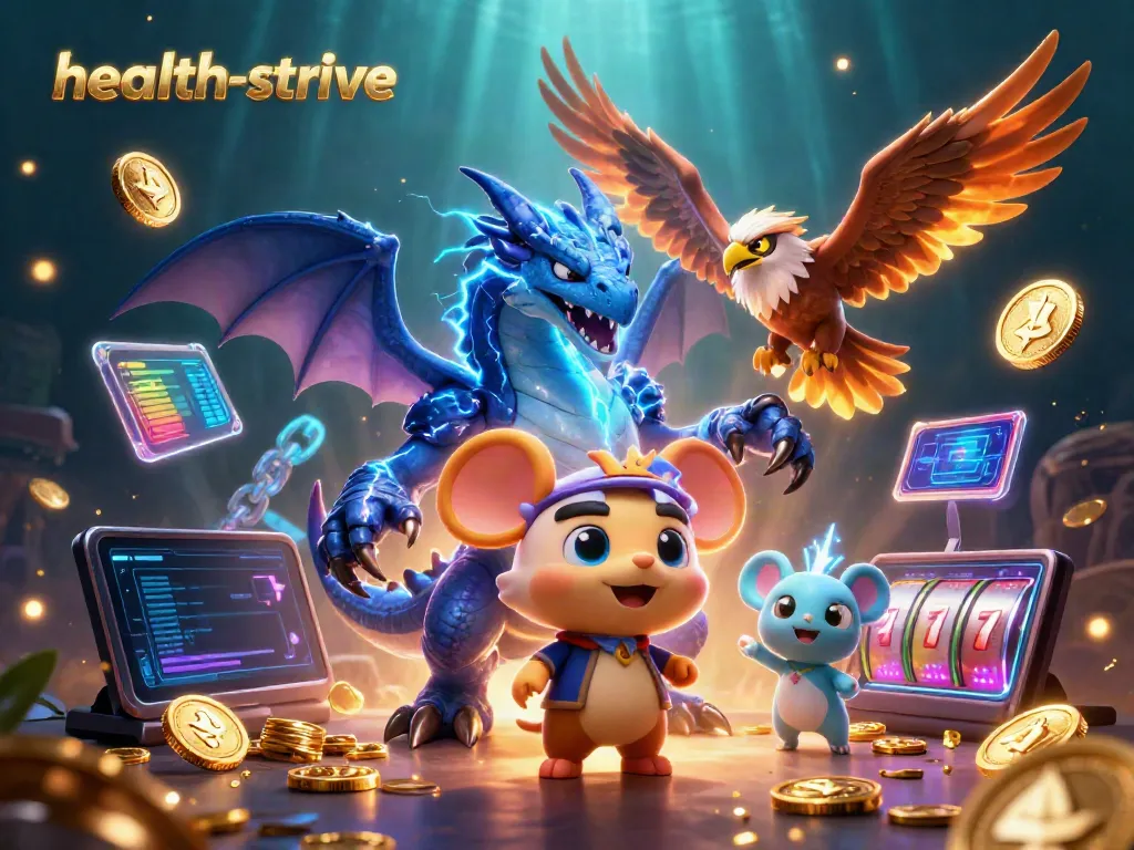 Gambarkan pertempuran dengan karakter kartun dari health-strive di dunia kasino virtual yang penuh dengan koin digital dan elemen slot.
