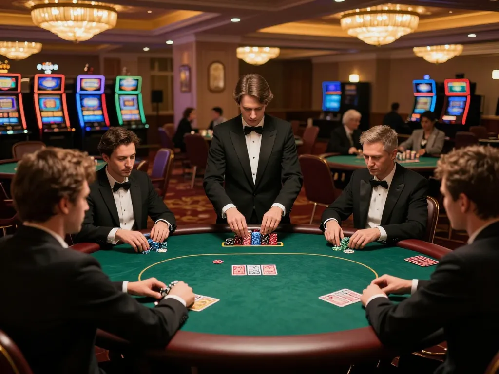 Engaged players strategizing during an intense poker game at KJC casino.