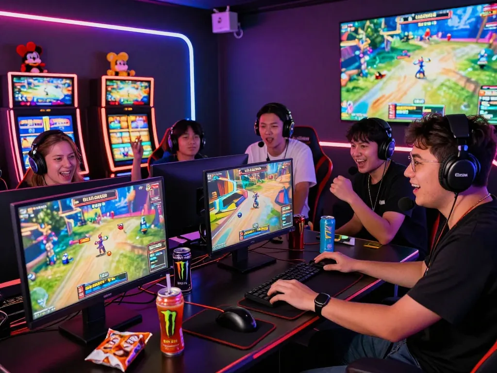 SLOT GACOR gaming atmosphere with excited players engaging joyfully around high-tech gaming setup.