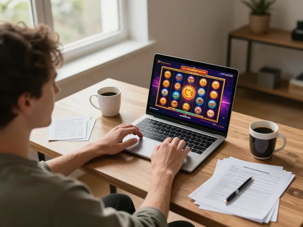 Engaging gaming scene at https://shbetac.co with a person playing slots on a laptop in a cozy, warm home environment.