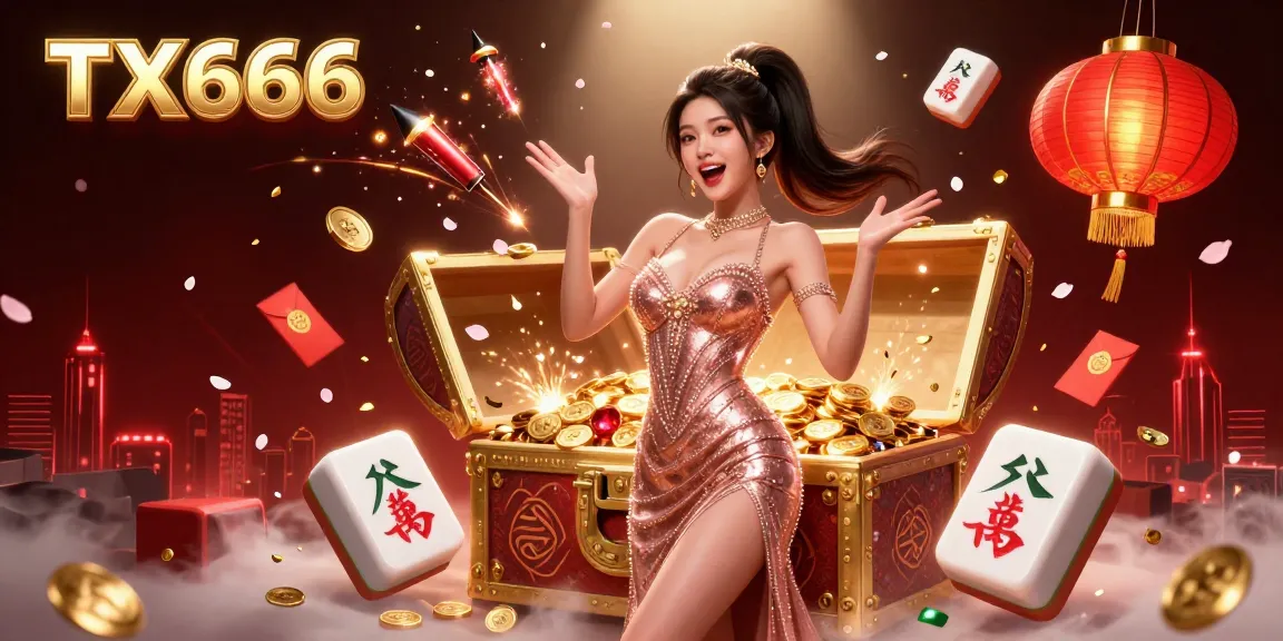 Join the excitement at TX666 with stunning treasures overflowing from a chest and vibrant gambling elements.