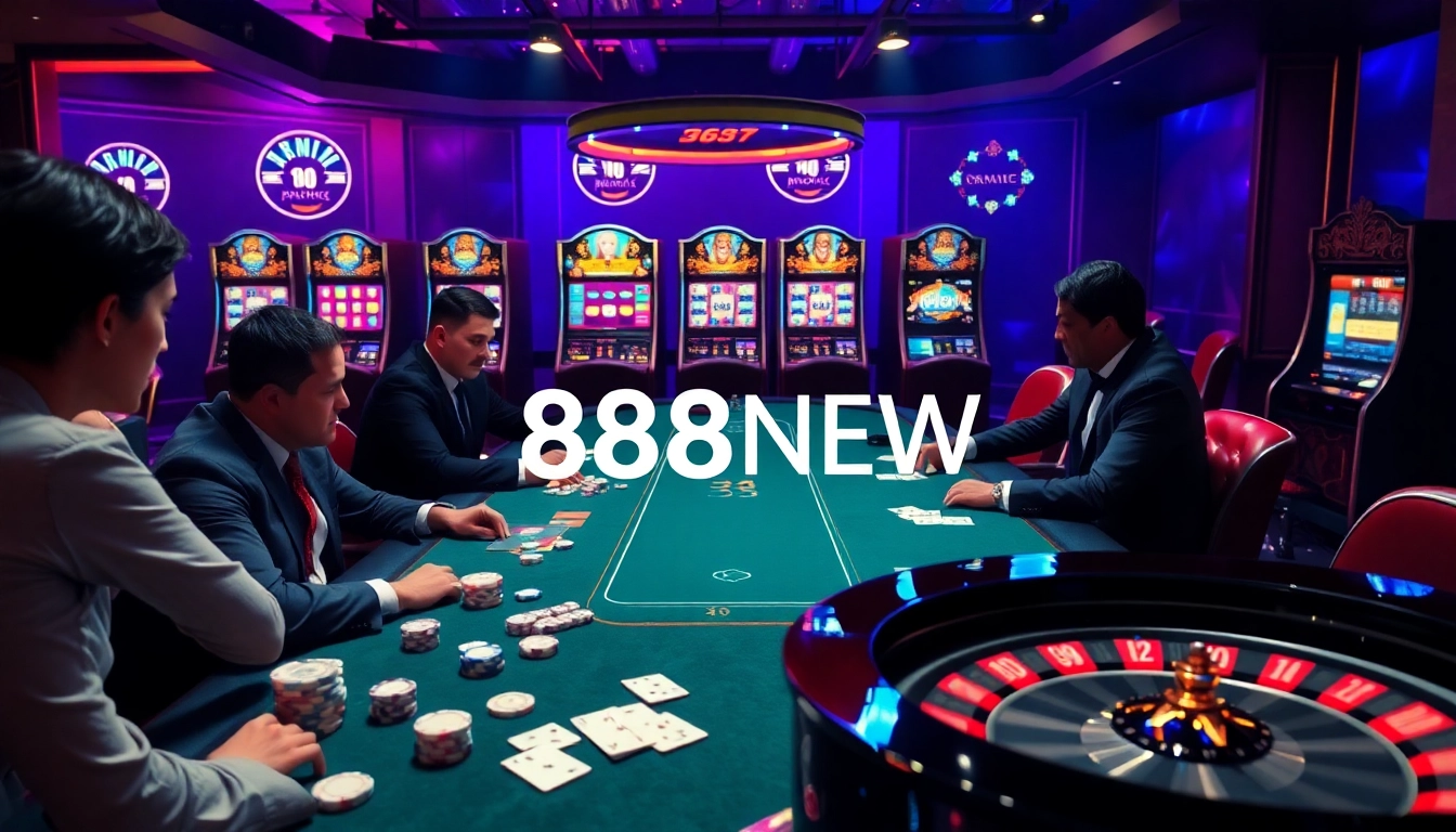 Experience the thrill of betting at 888NEW poker tables with colorful chips and cards.