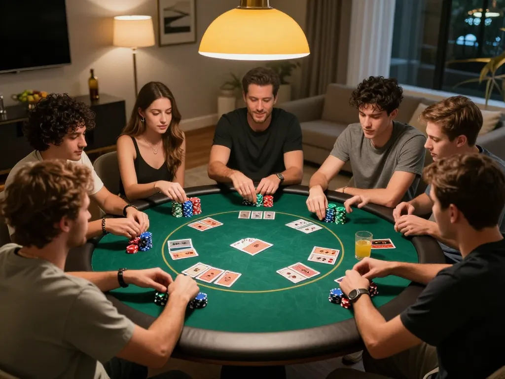 Pemain yang diberdayakan sedang menyusun strategi selama malam poker di rumah yang meriah di sekitar meja Texas Hold'em empire99.