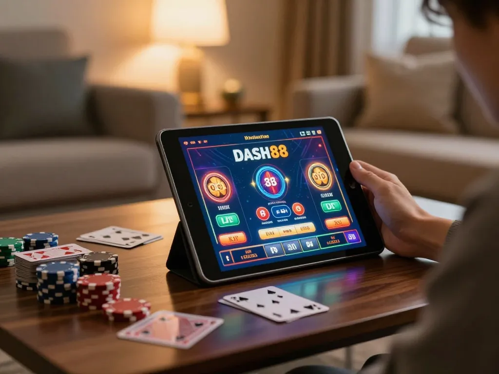 Play on dash88 app while enjoying cozy home atmosphere, showcasing online casino gaming.